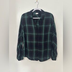 CAbi Black and‎ Green Plaid Button Down Shirt balloons sleeves